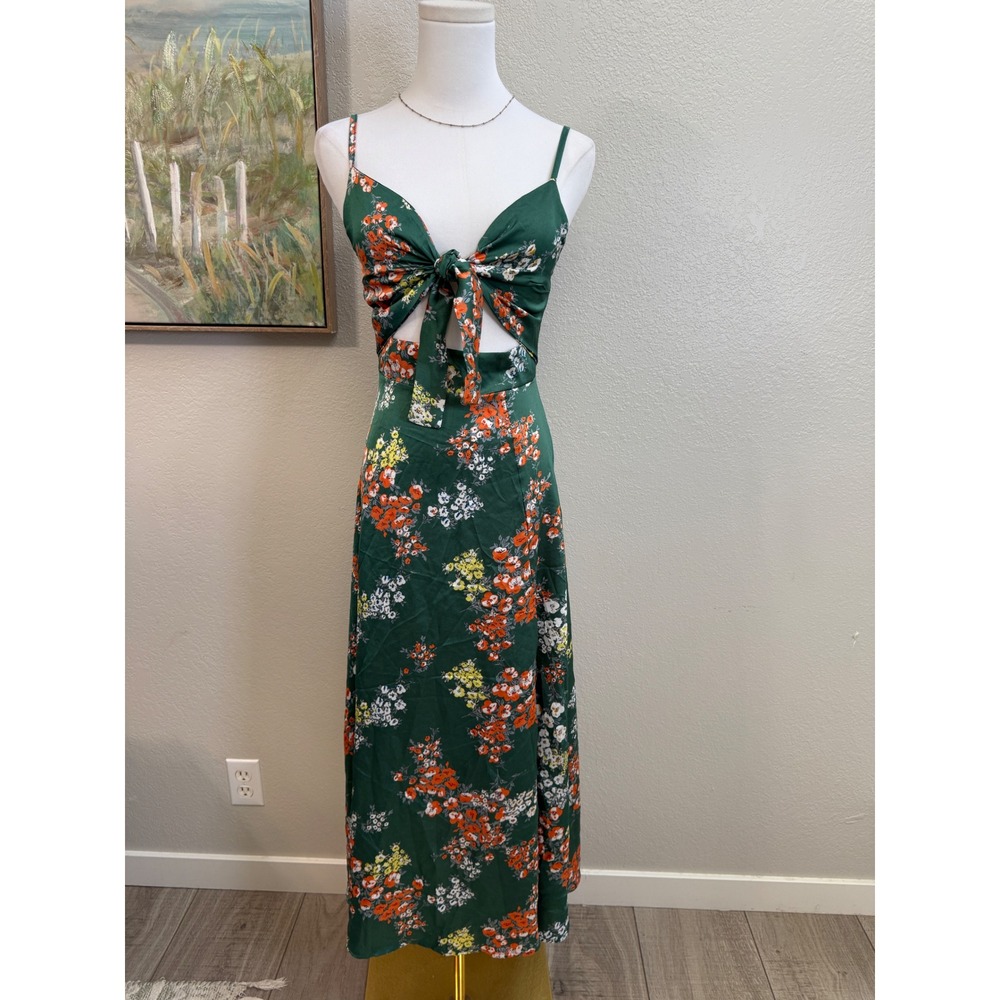 Green Floral Satin Tie Front Cutout Maxi Dress Orange‎ Yellow Wildflower Print S